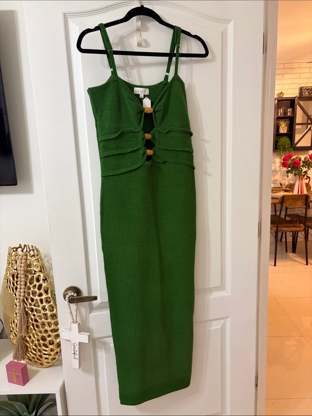 Green Knit Midi Dress with Front Wooden Buttons